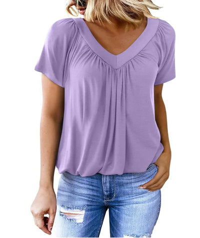 Women's Casual Blouse with Pleats and V-Neck