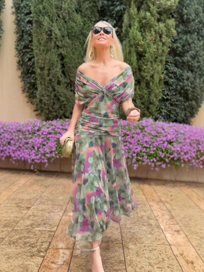 Off-Shoulder V-Neck Printed Dress for Women
