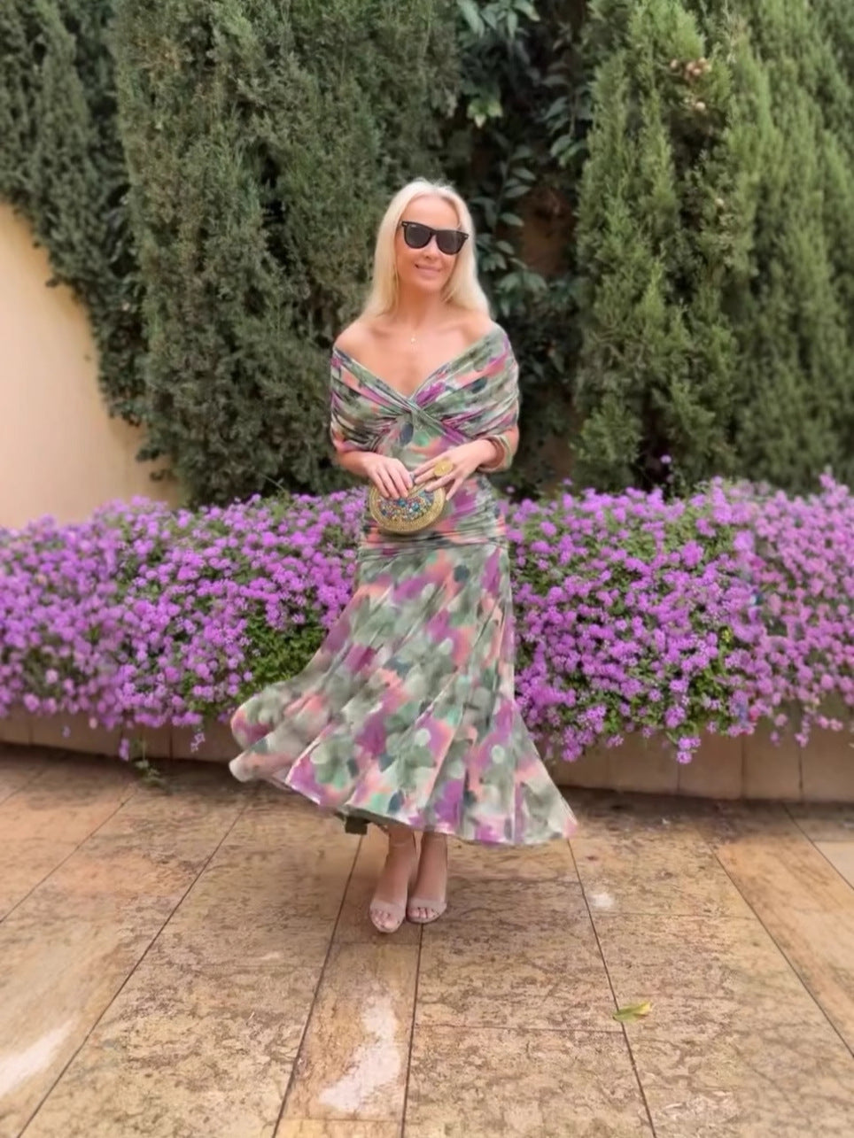 Off-Shoulder V-Neck Printed Dress for Women