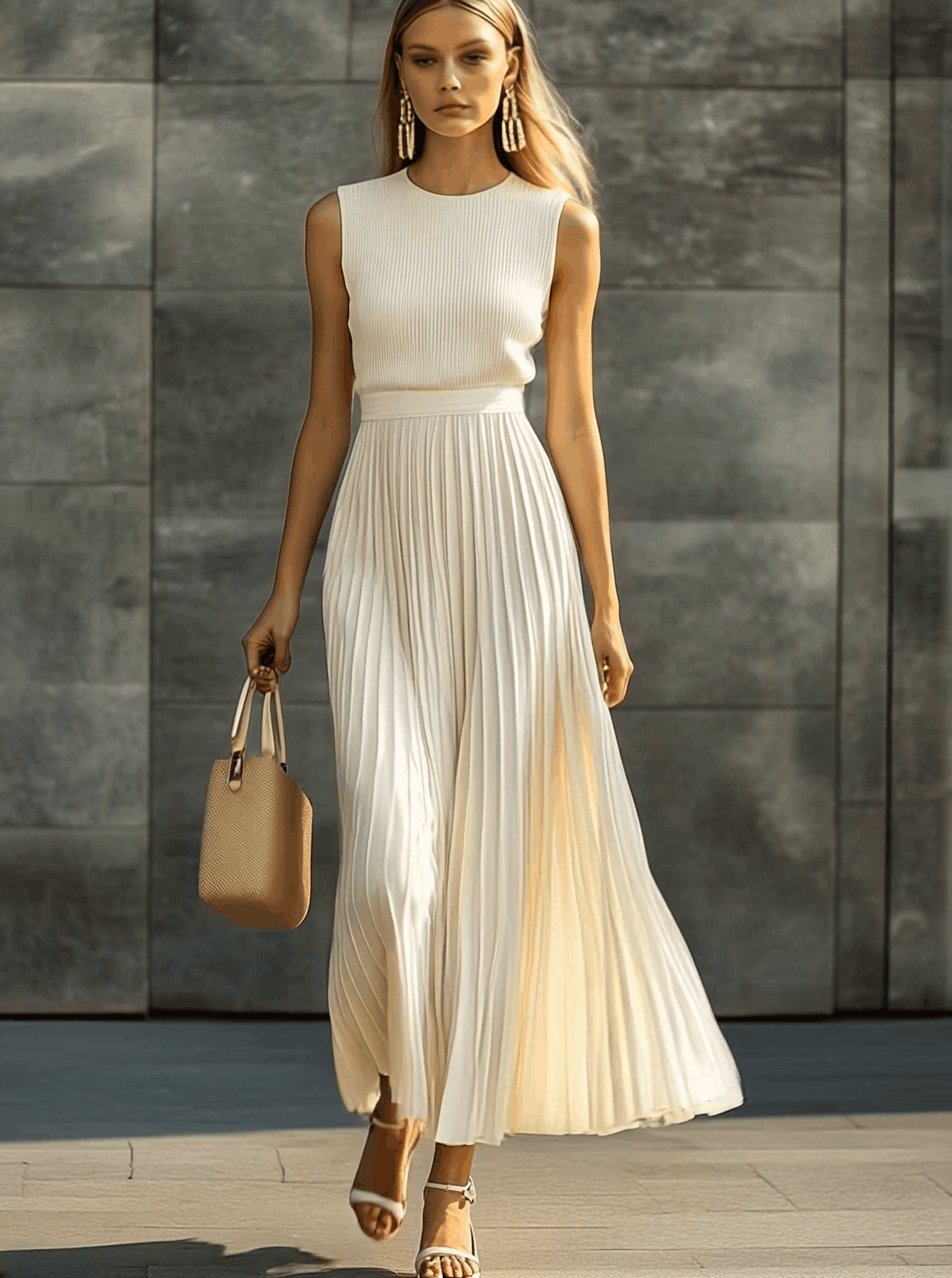 Noa - Cream Pleated Maxi Dress