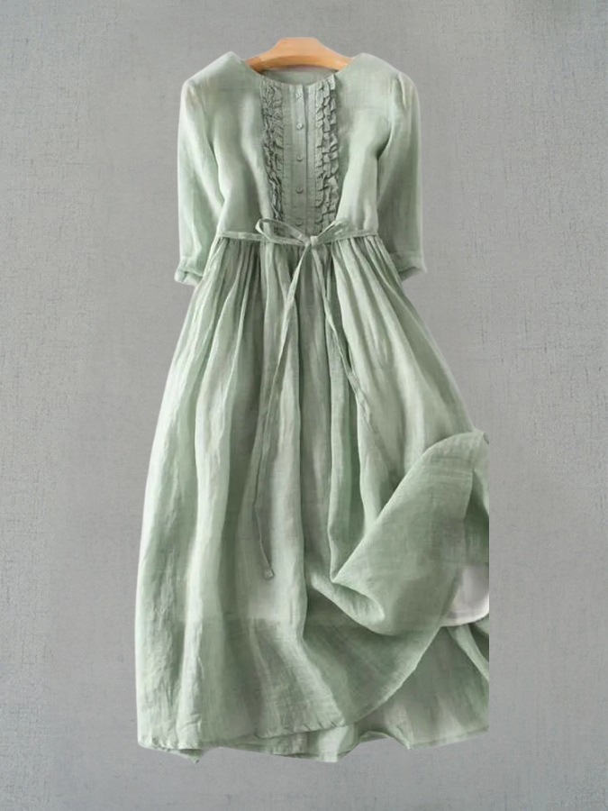 Arya - Women's Retro Style Dress with Round Neckline and Laced Waist Belt