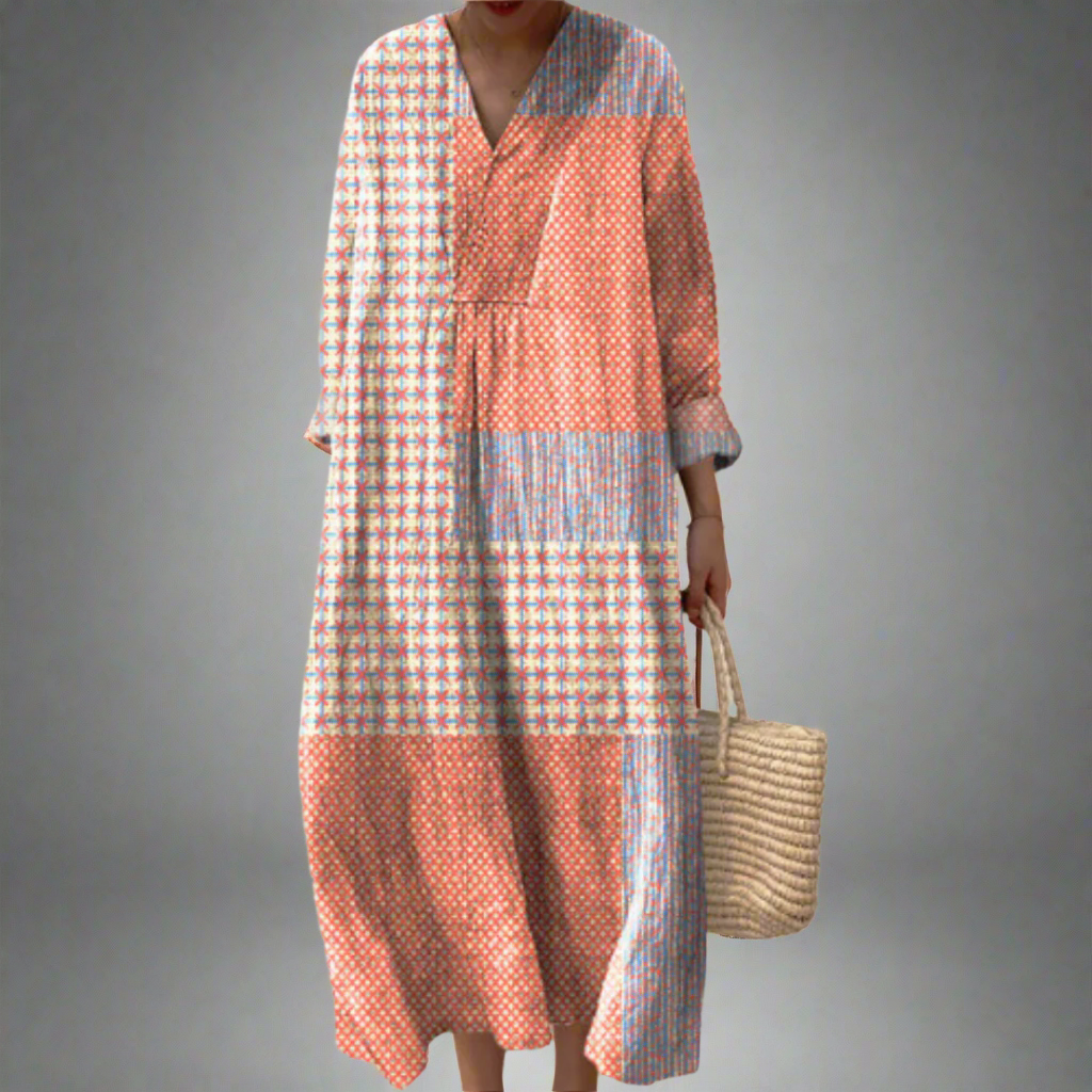 Nora | Patchwork Midi Dress with Coral and Star Pattern