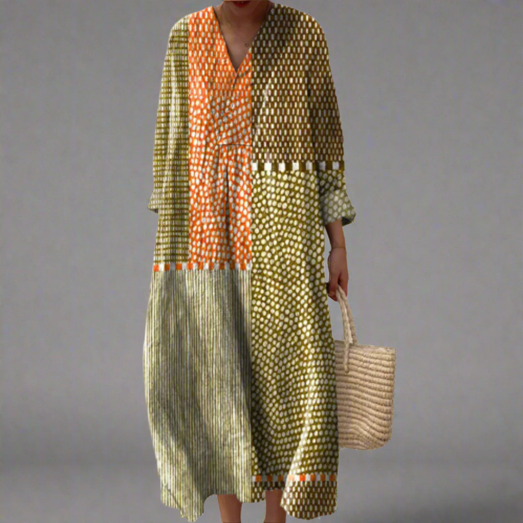 Vivienne  | Earth-Toned Patchwork Polka Dot Midi Dress