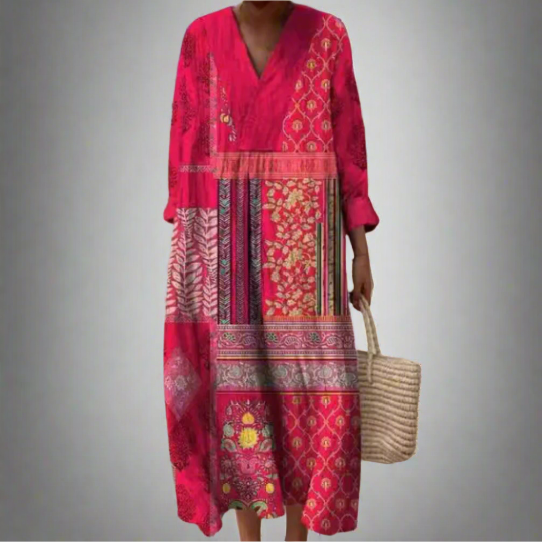 Maisie  | Boho Midi Dress with Patchwork and Long Sleeves