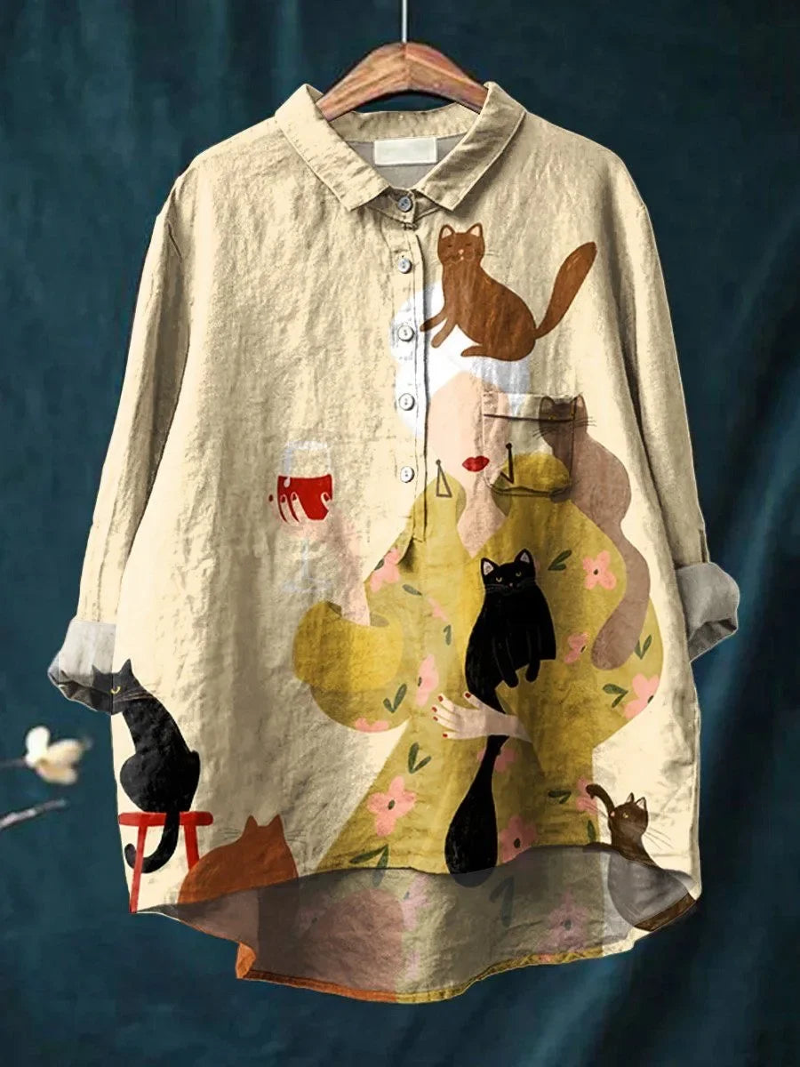 Sofia | Blouse with Cat and Flower Print