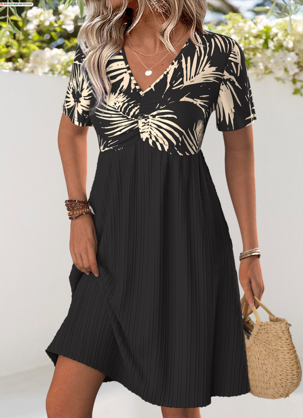 Black Short Dress with V-Neck and Leaf Print