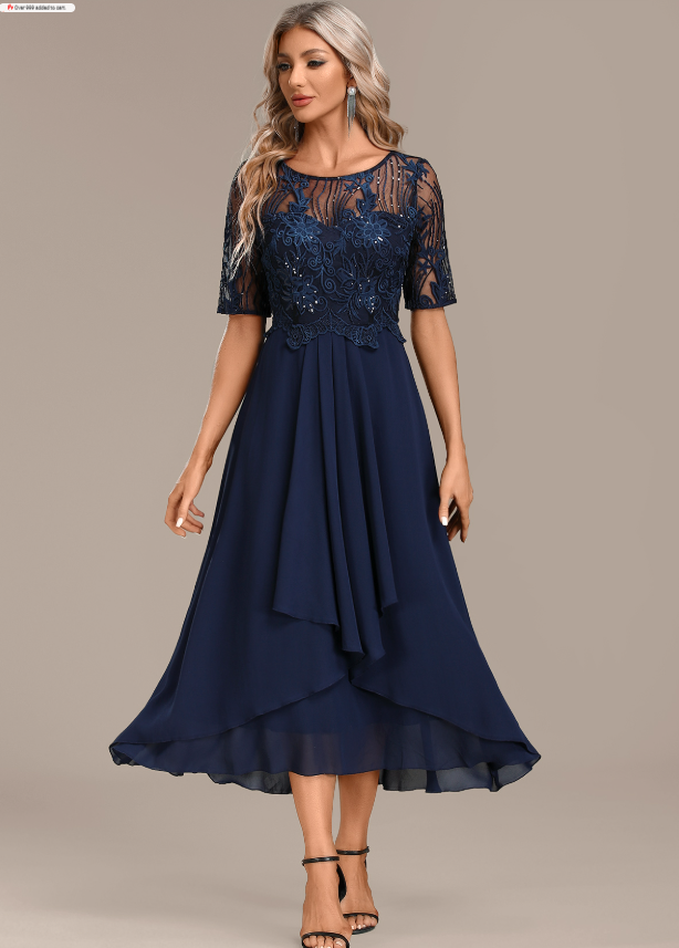 Navy Blue Lace Dress with Short Sleeves and Round Neck