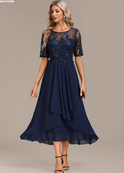Navy Blue Lace Dress with Short Sleeves and Round Neck
