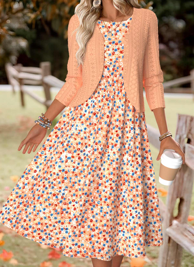 Orange dress with floral print and long sleeves and cardigan