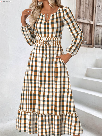 Beige checked dress with long sleeves and split neckline