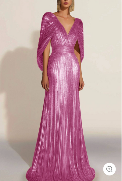 Aurélie | Golden Pleated Evening Gown with Cape
