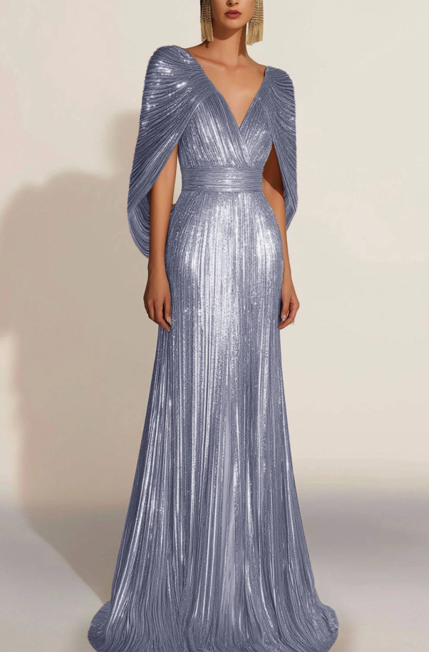 Aurélie | Golden Pleated Evening Gown with Cape