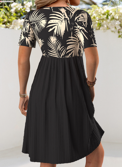 Black Short Dress with V-Neck and Leaf Print