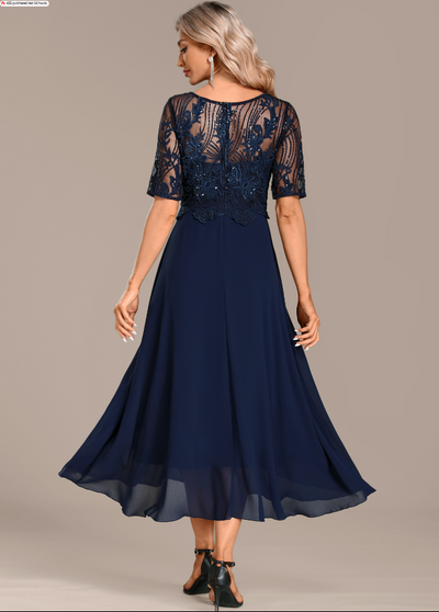 Navy Blue Lace Dress with Short Sleeves and Round Neck