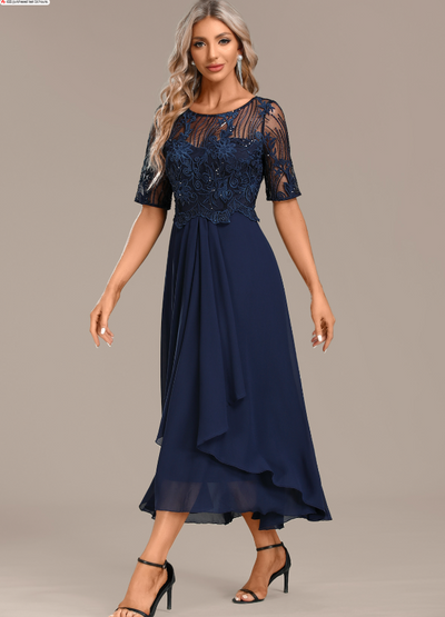 Navy Blue Lace Dress with Short Sleeves and Round Neck