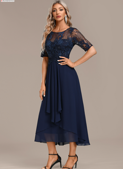 Navy Blue Lace Dress with Short Sleeves and Round Neck