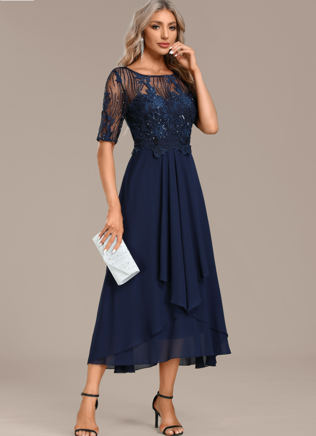 Navy Blue Lace Dress with Short Sleeves and Round Neck