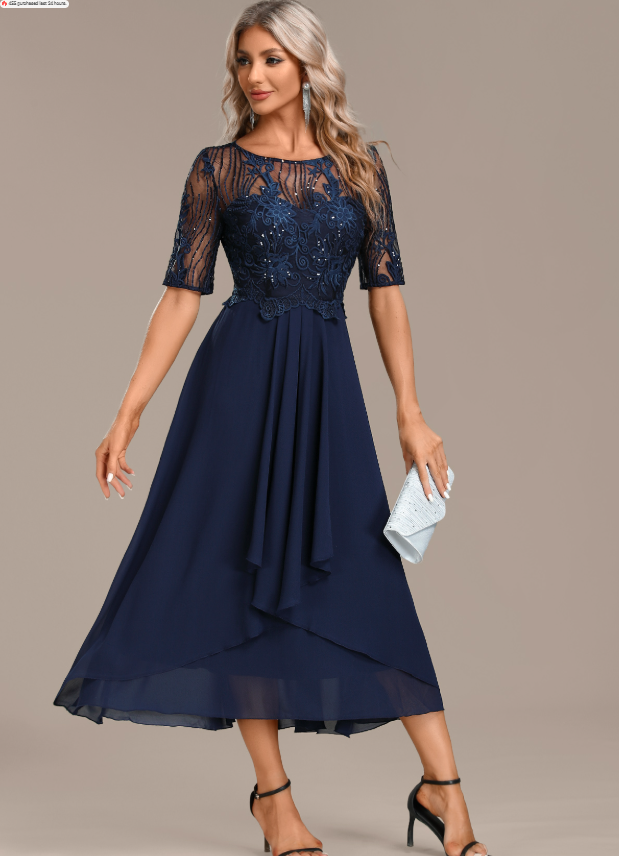 Navy Blue Lace Dress with Short Sleeves and Round Neck