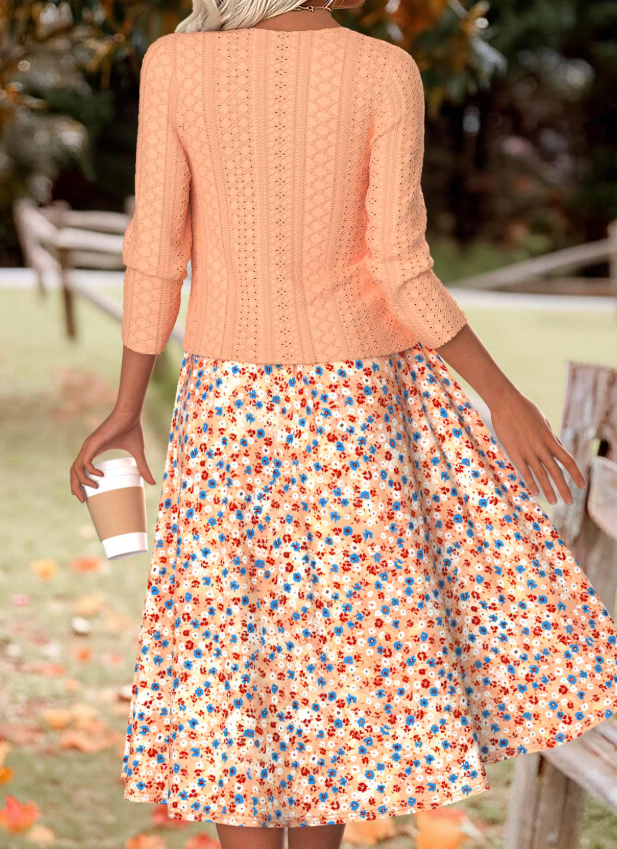 Orange dress with floral print and long sleeves and cardigan