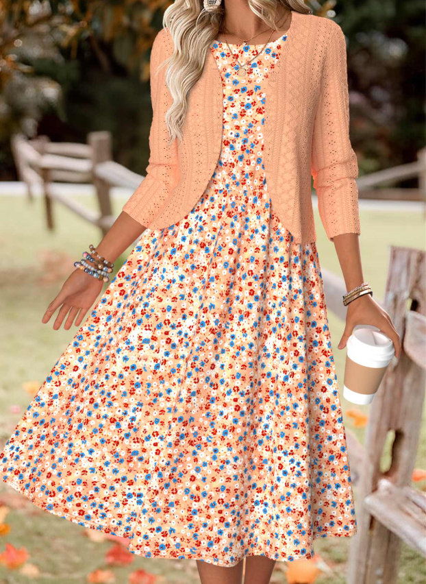 Orange dress with floral print and long sleeves and cardigan
