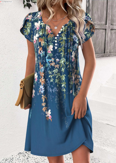 Colorful flower print dress with short slit and round neckline