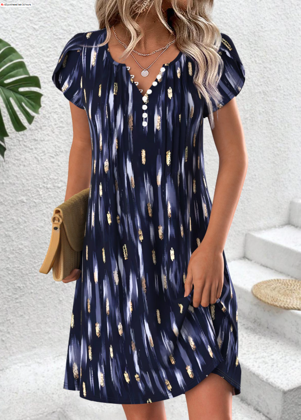 Colorful flower print dress with short slit and round neckline