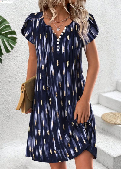 Colorful flower print dress with short slit and round neckline