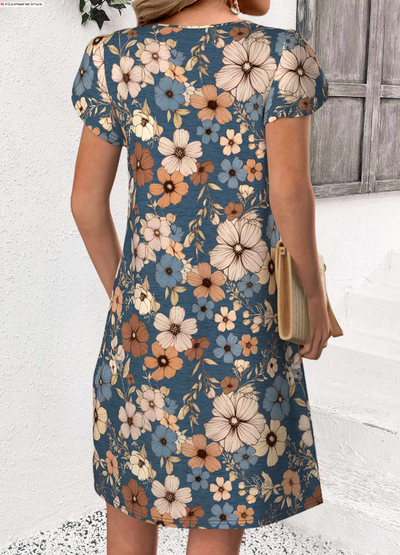 Colorful flower print dress with short slit and round neckline