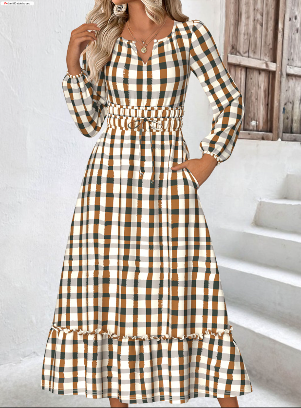Beige checked dress with long sleeves and split neckline