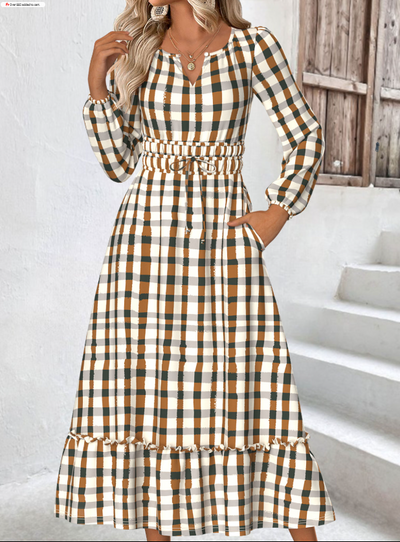 Beige checked dress with long sleeves and split neckline