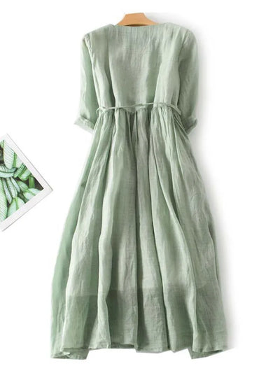 Arya - Women's Retro Style Dress with Round Neckline and Laced Waist Belt
