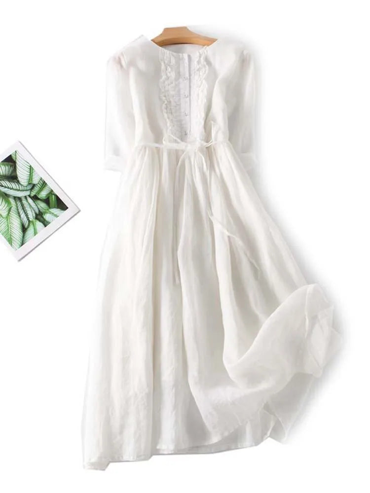 Arya - Women's Retro Style Dress with Round Neckline and Laced Waist Belt