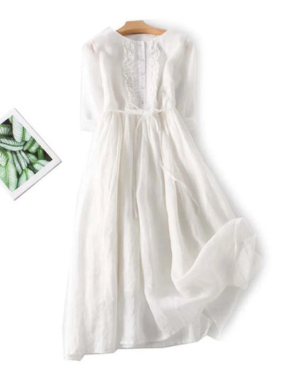 Arya - Women's Retro Style Dress with Round Neckline and Laced Waist Belt