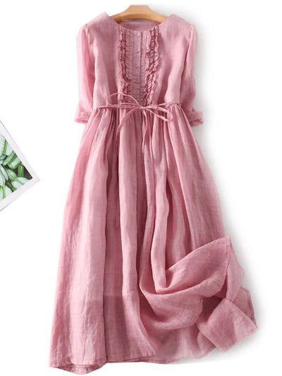 Arya - Women's Retro Style Dress with Round Neckline and Laced Waist Belt