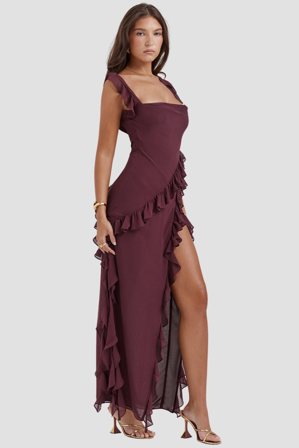 Riana Flowing Dress with Ruffles and Water Neckline