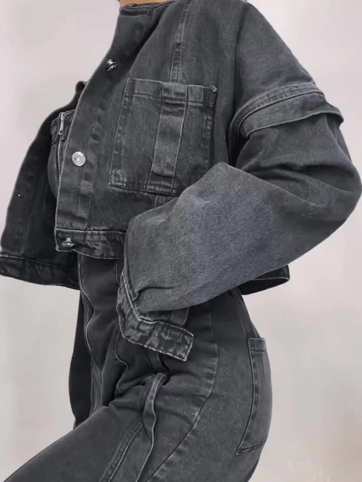 Denim Bandeau Zipper Jumpsuit & Jacket Set