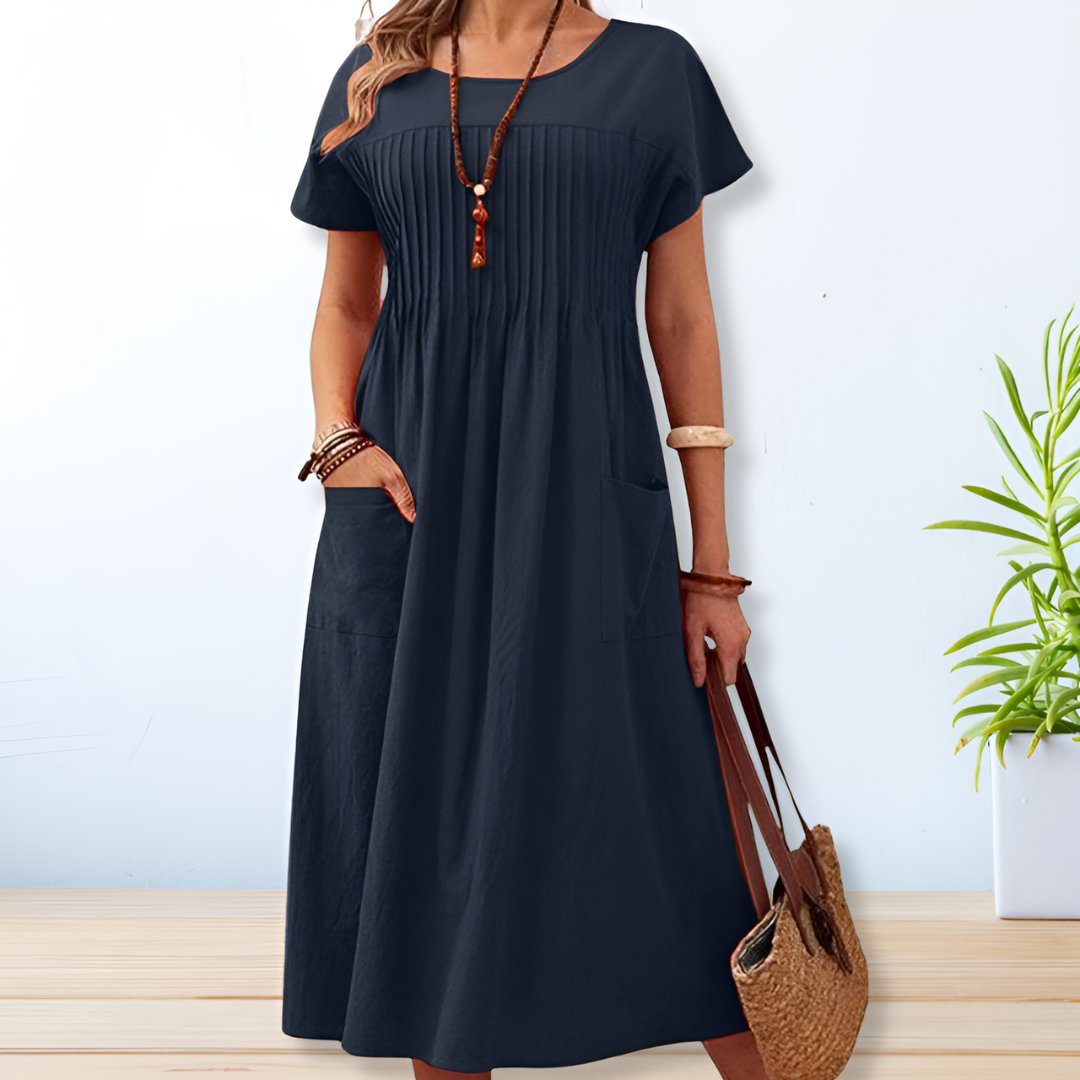 Chelsea - Elegant O-neck Short Sleeve Dress to Mid-Calf