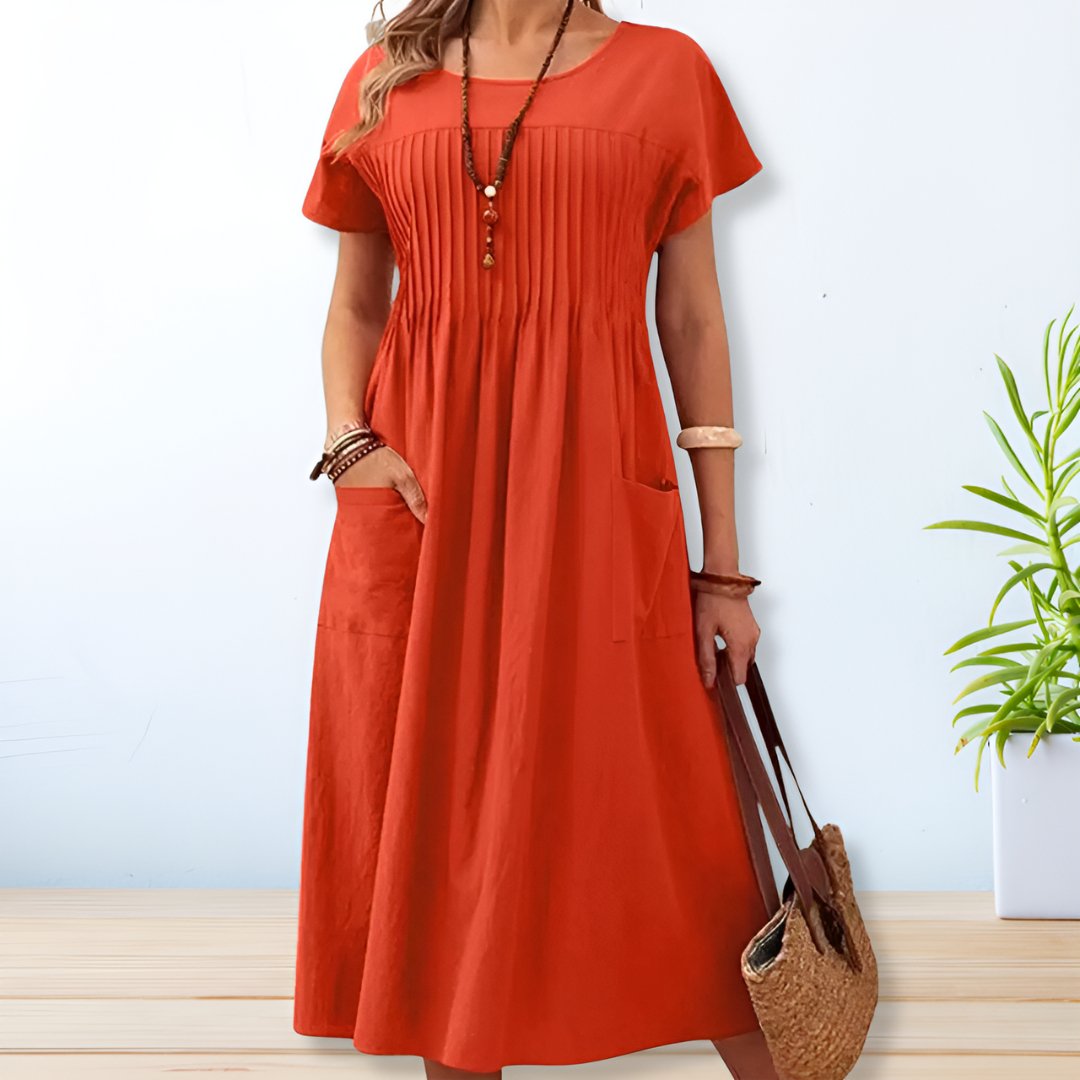 Chelsea - Elegant O-neck Short Sleeve Dress to Mid-Calf