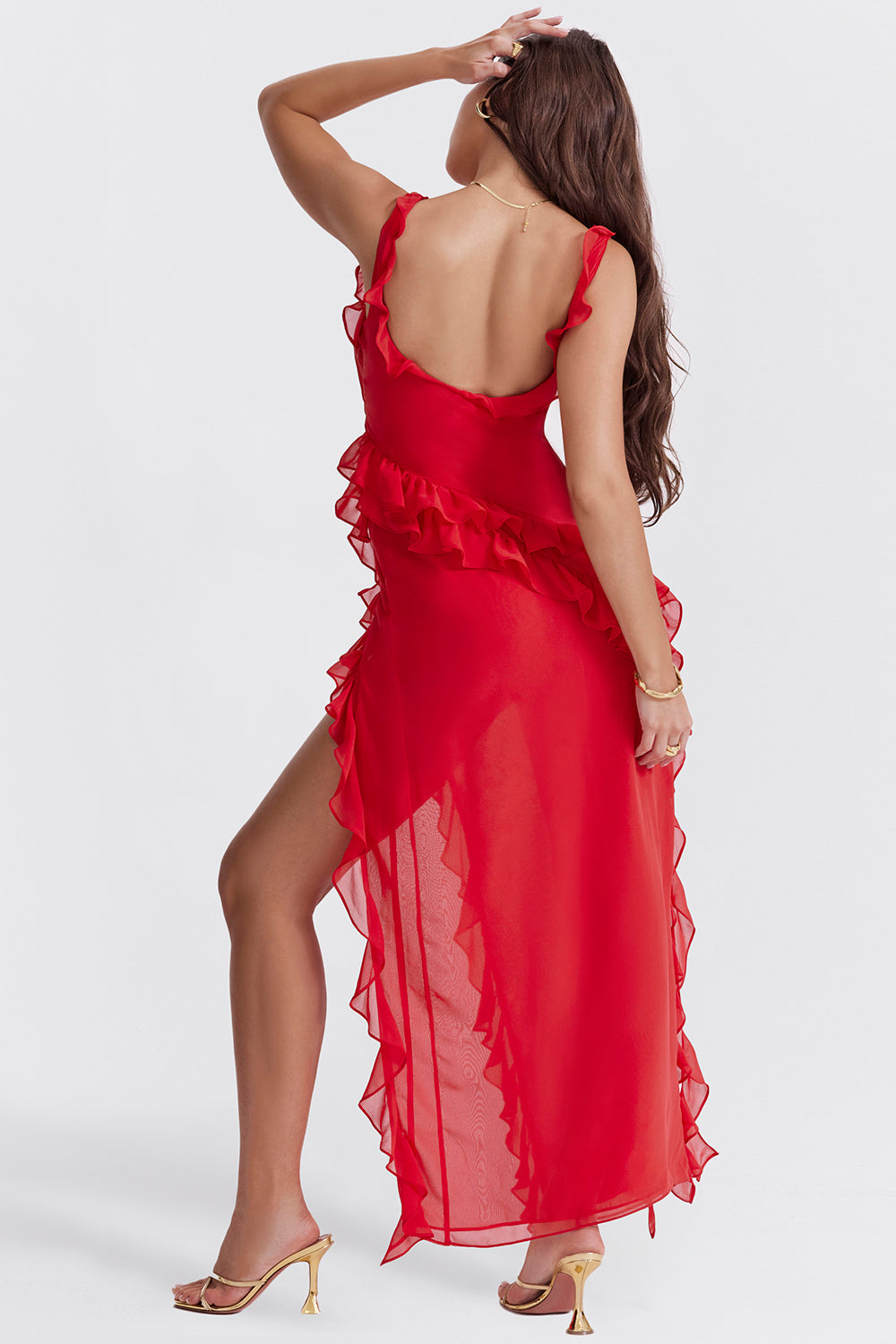 Riana Flowing Dress with Ruffles and Water Neckline