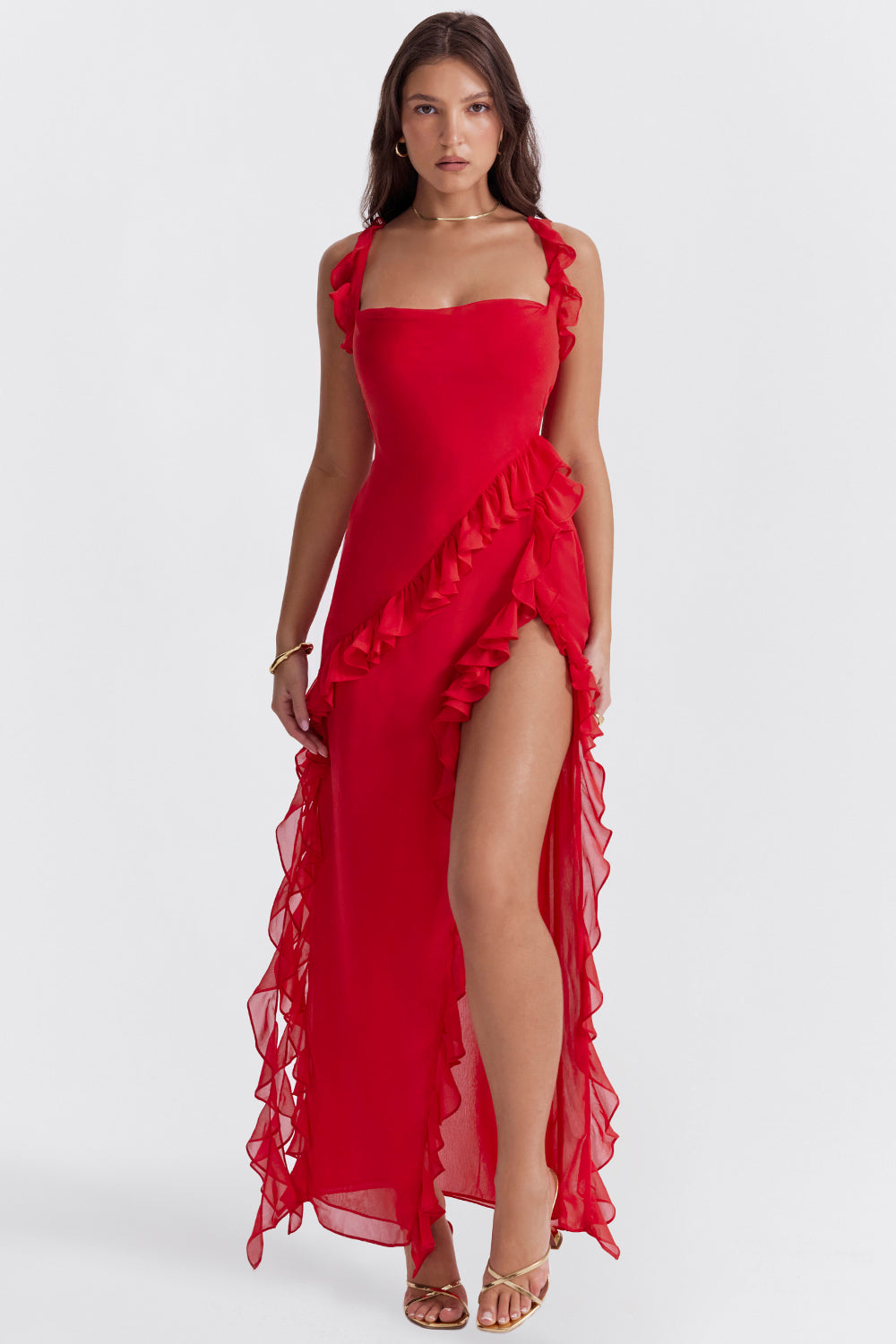 Riana Flowing Dress with Ruffles and Water Neckline