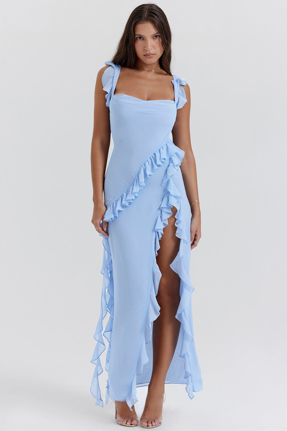 Riana Flowing Dress with Ruffles and Water Neckline