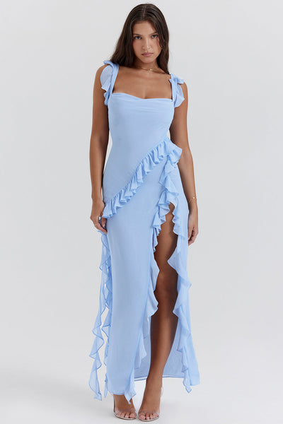 Riana Flowing Dress with Ruffles and Water Neckline