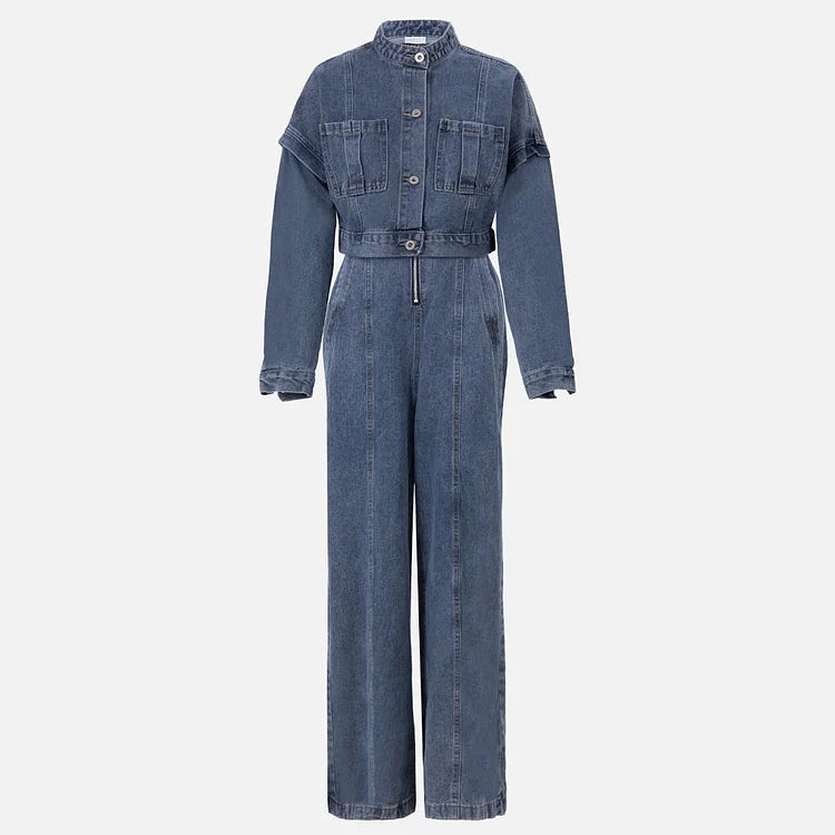 Denim Bandeau Zipper Jumpsuit & Jacket Set