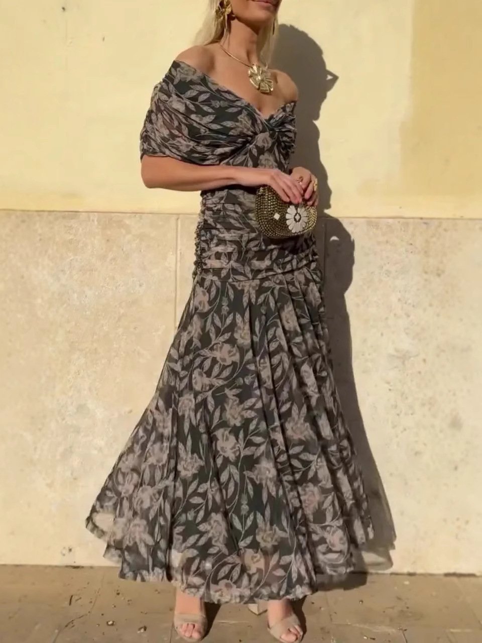 Off-Shoulder V-Neck Printed Dress for Women