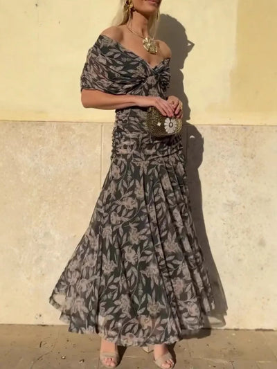 Off-Shoulder V-Neck Printed Dress for Women