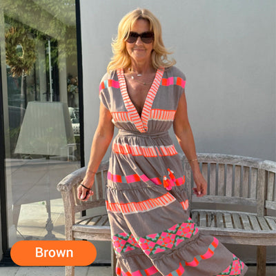 Women’s Loose Sleeveless Dress with V-Neck and Striped Pattern