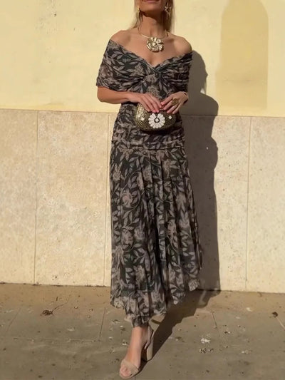 Off-Shoulder V-Neck Printed Dress for Women
