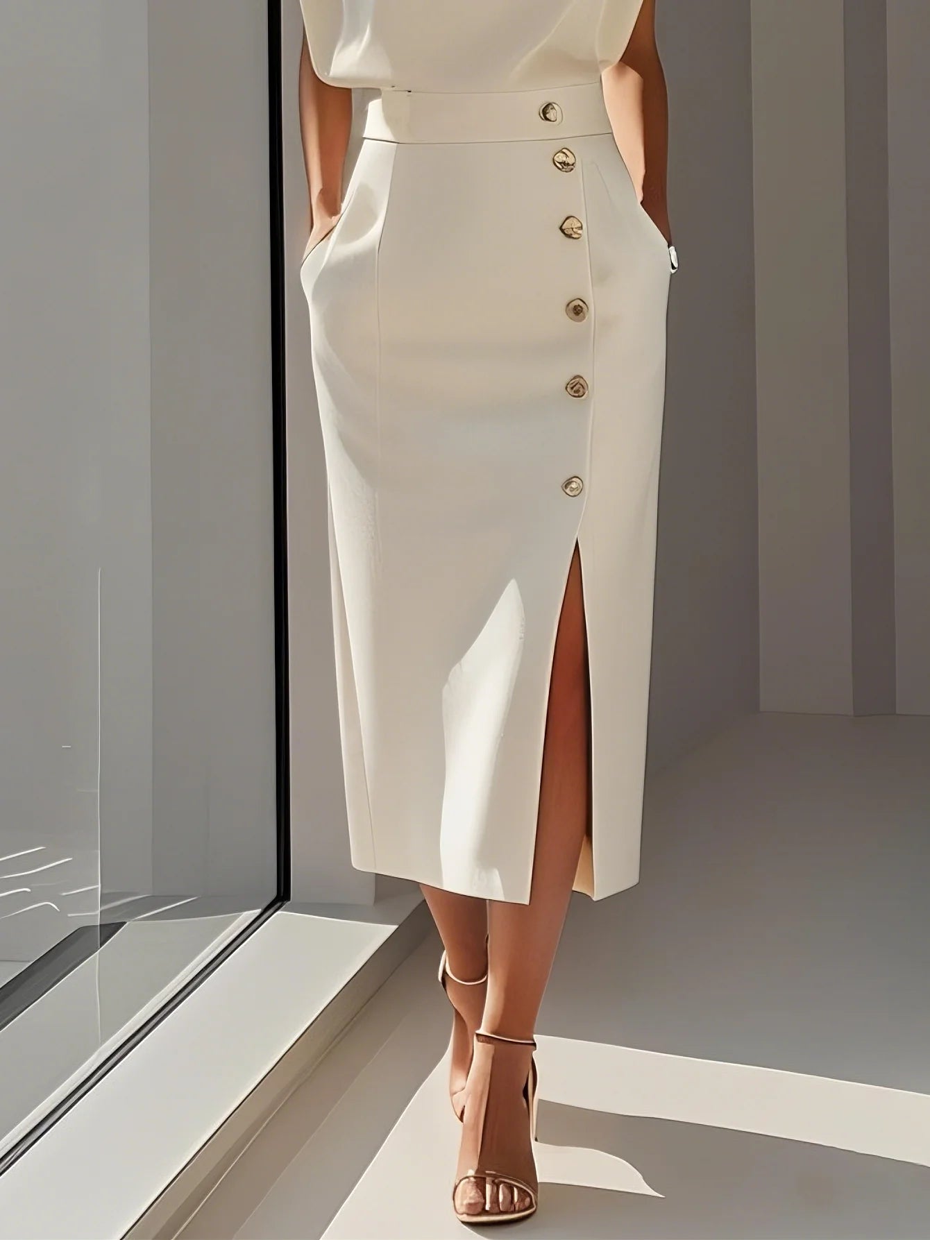 Solid color midi dress with button slit and round neckline
