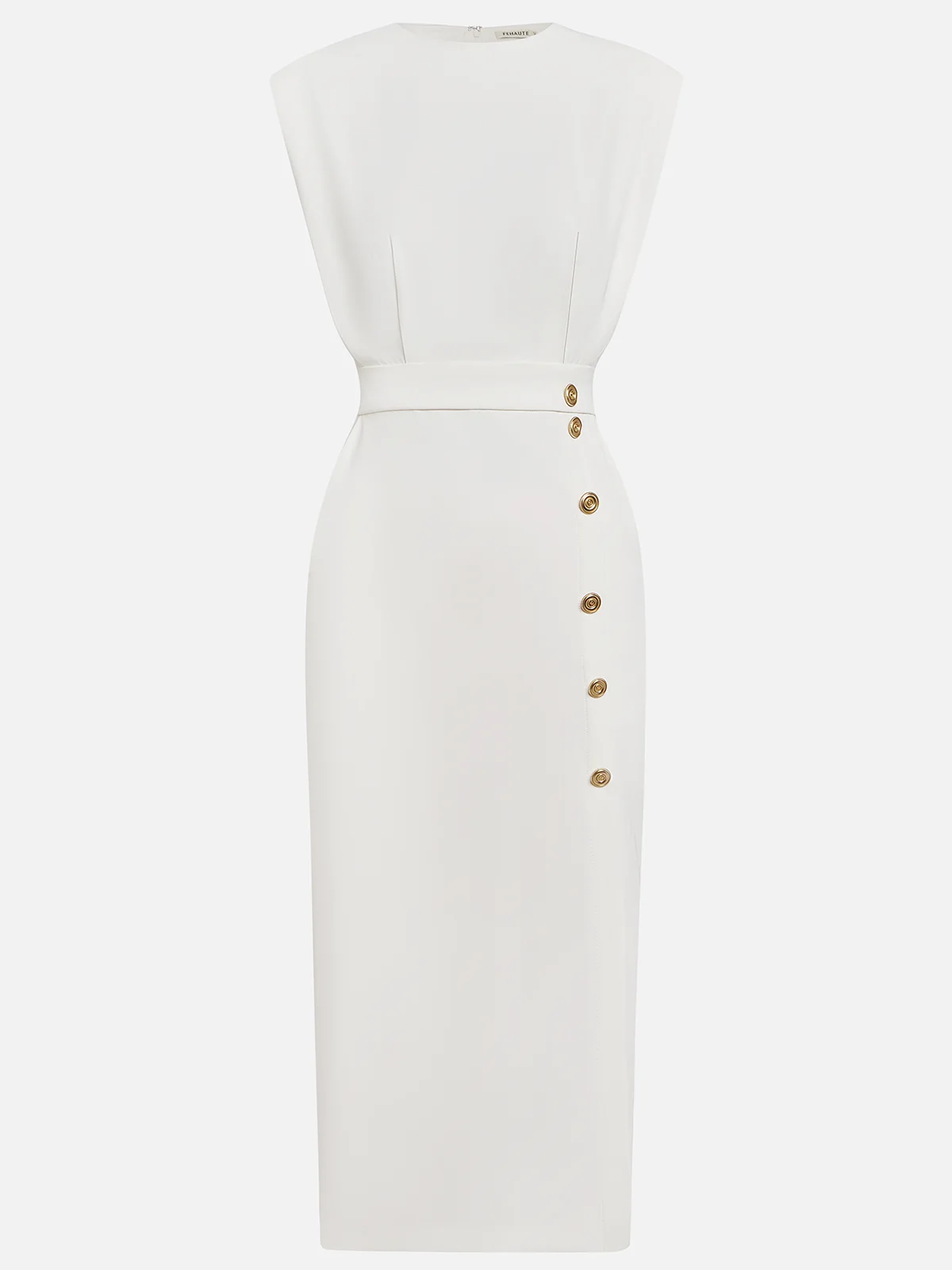 Solid color midi dress with button slit and round neckline