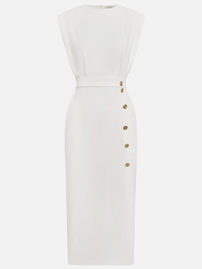 Solid color midi dress with button slit and round neckline